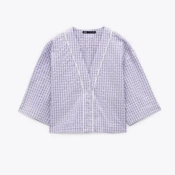 New Zara Lavender Gingham Button Down Check Cropped Blouse Top - Picture 3 of 5